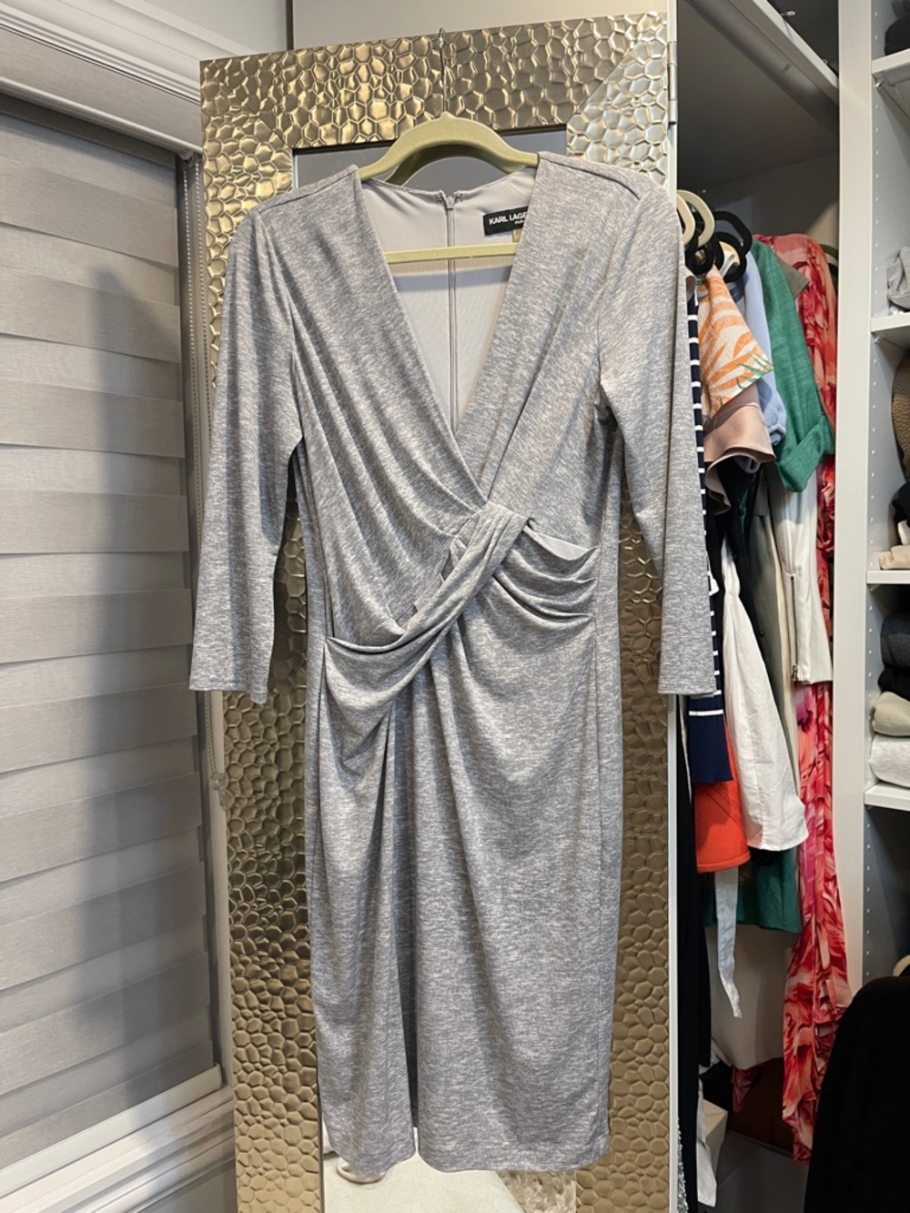 Karl Lagerfeld Heather Silver Twist-Front Long Sleeve Midi Dress